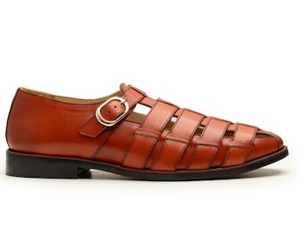 Cognac Woven Leather Fisherman Sandal | Men's Leather Shoes from Pakistan