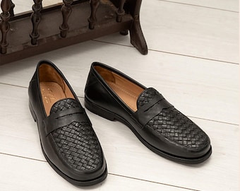 Black Woven Leather Penny Loafer | Men's Leather Shoes from Pakistan
