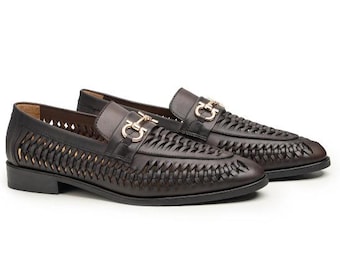 Dark Brown Woven Leather Horsebit Loafer | Men's Leather Shoes from Pakistan