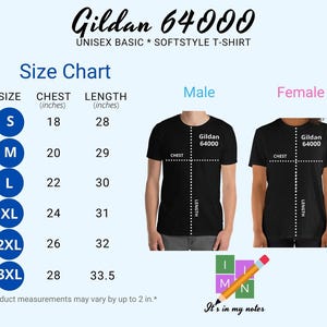 以下が含まれることがあります： Gildan 64000ユニセックスソフトスタイルTシャツのサイズチャート。Sから3XLまでのサイズ、インチ単位の胸囲と着丈の測定値、胸囲と着丈の線を示す2枚の黒いTシャツが記載されています。鉛筆のアイコンとテキストが含まれています。