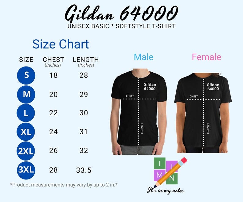 以下が含まれることがあります： Gildan 64000ユニセックスソフトスタイルTシャツのサイズチャート。Sから3XLまでのサイズ、インチ単位の胸囲と着丈の測定値、胸囲と着丈の線を示す2枚の黒いTシャツが記載されています。鉛筆のアイコンとテキストが含まれています。