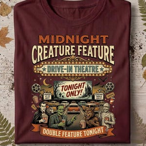 Pode incluir: Uma t-shirt cor de vinho com uma impressão gráfica intitulada Midnight Creature Feature Drive-In Theatre. O design inclui um ecrã de cinema com o texto Tonight Only, rodeado por personagens de terror clássicas, carros e rolos de filme.