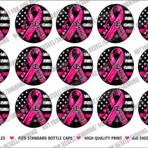 Puede incluir: Una hoja de quince pegatinas circulares de 2,54 cm de diámetro, con un lazo rosa sobre un patrón de bandera estadounidense en blanco y negro con la palabra strong impresa en el lazo. La hoja incluye texto que indica 1 inch circles y 4x6 sheet.