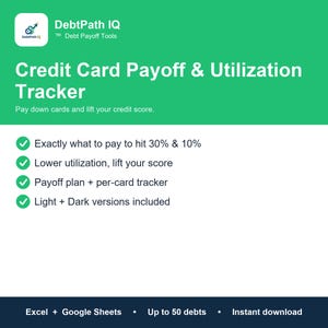 May include: A digital Credit Card Payoff & Utilization Tracker by DebtPath IQ. The green and white graphic lists features including payment calculations for 30% and 10% utilization, a payoff plan, per-card tracker, and light and dark versions.