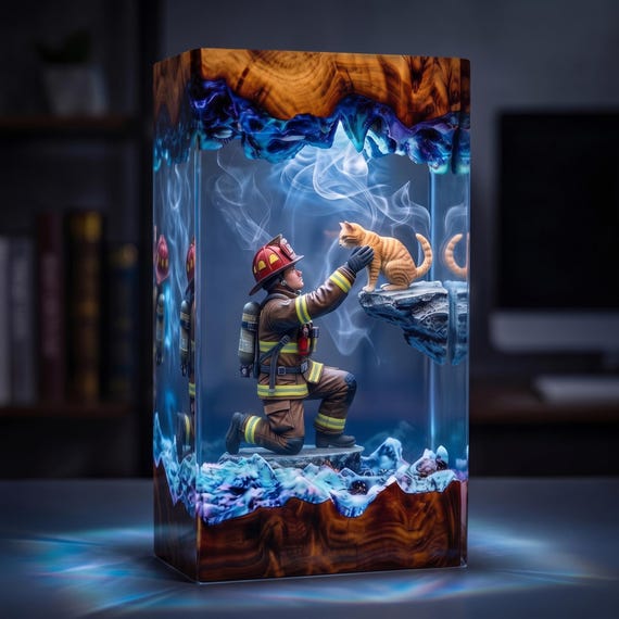 A handcrafted resin-and-wood epoxy lamp shaped for firefighter themes — glowing, desk-worthy art that doubles as a heartfelt retirement gift.