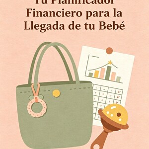 Puede incluir: Una ilustración digital sobre fondo melocotón con un bolso tote verde salvia, un mordedor rosa, un gráfico financiero con una estrella y un sonajero amarillo. El texto dice Tu Planificador Financiero para la Llegada de tu Bebé.