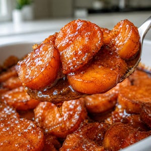 May include: A metal serving spoon lifts several thick, circular slices of cooked sweet potato from a white baking dish. The orange vegetable rounds are coated in a glossy, dark brown glaze with visible specks of seasoning and a syrup dripping down.
