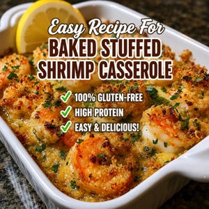 Può includere: Una pirofila in ceramica bianca contenente gamberi ripieni al forno, guarniti con pangrattato ed erbe fresche, con uno spicchio di limone. Il testo recita: Easy Recipe For BAKED STUFFED SHRIMP CASSEROLE, 100% GLUTEN-FREE, HIGH PROTEIN, EASY & DELICIOUS!