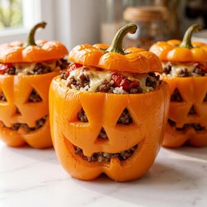 May include: Three orange bell peppers carved into jack-o'-lantern faces and filled with a mixture of cooked ground meat, white rice, and melted cheese. Each pepper is topped with its own stem-bearing lid, revealing the savory filling inside.
