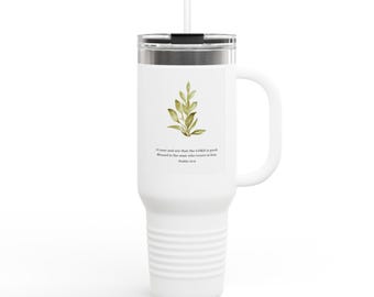 Unique Watercolor Leaf Art With Scripture Verse Insulated Travel Mug, 40oz