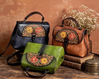 Hand Tooled Floral Genuine Cowhide Satchel, Women Crossbody Shoulder Purse, Vintage Boho Leather Top Handle Bag