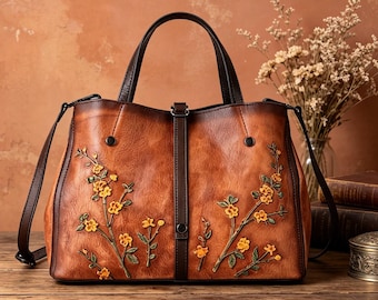 Hand Tooled Floral Leather Tote Bag: Distressed Cowhide Shoulder Purse