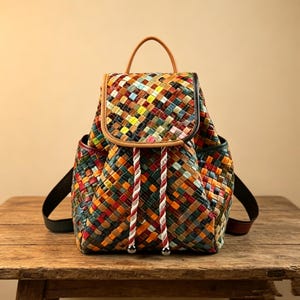 Op de afbeelding: Een rugzak met een veelkleurig geweven patroon in tinten rood, geel, groen, blauw en oranje. De tas heeft een klep met een beige lederen rand, een handvat, twee zwarte schouderbanden en een trekkoordsluiting met witte koorden.