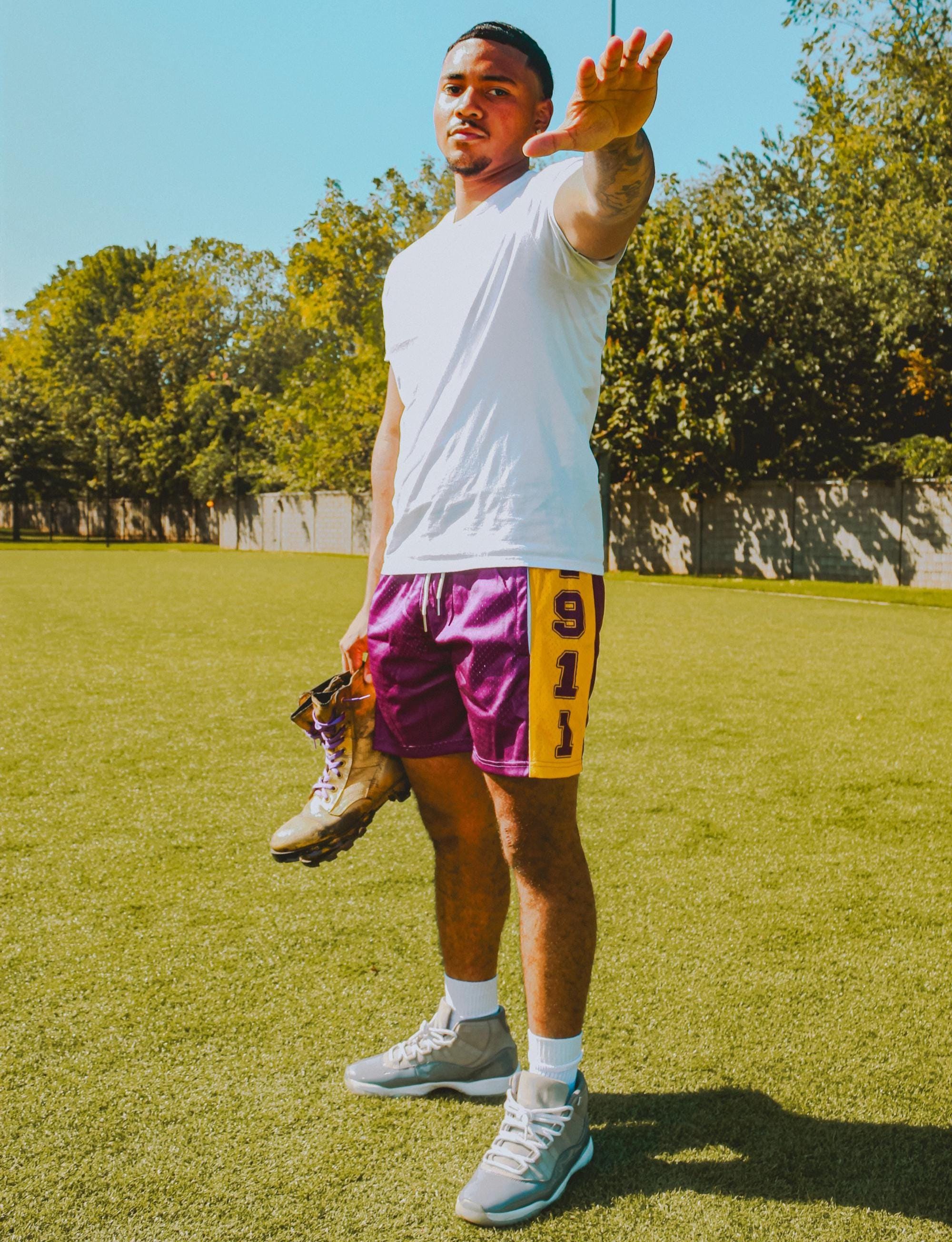 Omega Psi Phi Ques Purple Gold Cotton Mesh Basketball Shorts, Men's Graphic Streetwear Summer Shorts