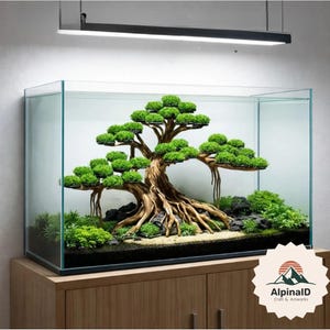 May include: A rectangular glass aquarium containing a large piece of driftwood shaped like a bonsai tree with vibrant green moss foliage. The tank features dark substrate, small black rocks, and low-lying green aquatic plants. A light fixture hangs above.