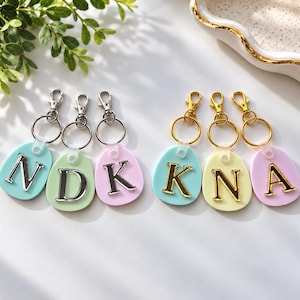May include: Six oval-shaped keychains featuring individual letters. Three keychains have silver-toned hardware and letters N, D, and K on light blue, light green, and light pink bases. Three have gold-toned hardware and letters K, N, and A on light blue, yellow, and light pink bases.