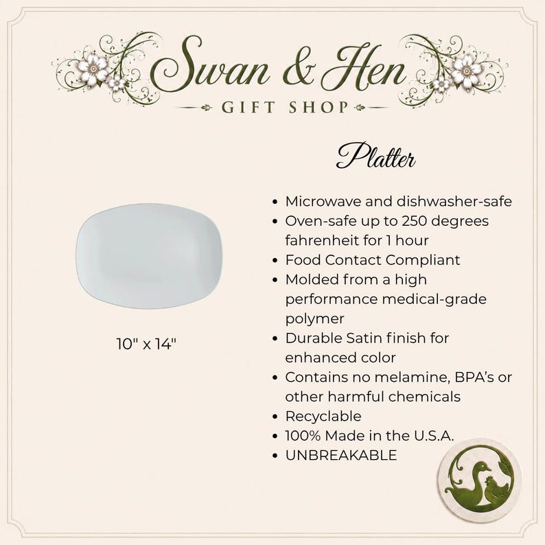 May include: A white rectangular platter measuring 10 inches by 14 inches. The text reads Swan & Hen Gift Shop, Platter, and lists features including microwave, dishwasher, and oven safety, medical-grade polymer material, and unbreakable construction.