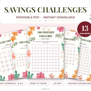 Könnte beinhalten: Ein Set aus druckbaren Spar-Challenge-Trackern mit Blumenillustrationen in Orange und Pink. Die Seiten enthalten nummerierte Kreise zur Fortschrittsverfolgung sowie Texte wie 100 Envelope Challenge und 13 Challenges in dunkelgrüner Schrift.