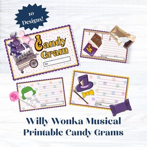 Op de afbeelding: Een set printbare Candy Gram kaarten met 10 ontwerpen, voorzien van illustraties van een snoepkar, chocoladerepen, lolly's, hoge hoeden en wandelstokken. De kaarten hebben geschulpte randen, paars-gouden kaders en lijnen voor To en From.
