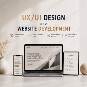 Puede incluir: Un portátil, un smartphone y una tableta que muestran servicios de diseño UX/UI y desarrollo web. El texto dice UX/UI DESIGN AND WEBSITE DEVELOPMENT, con iconos para diseño centrado en el usuario, código limpio y sitios web responsivos.