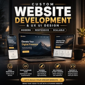 May include: A digital display showing custom website development and UX UI design services. The screen features text including "Elevate Your Digital Presence," "Solutions That Drive Growth," and "Designing Experiences, Building Brands" on devices.