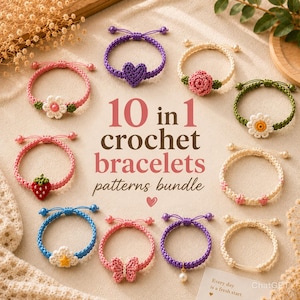 10 Crochet Bracelet Patterns PDF Bundle, Micro Crochet Charm Bracelet Pattern, Friendship Bracelet Tutorial, Flower Heart Butterfly Beaded