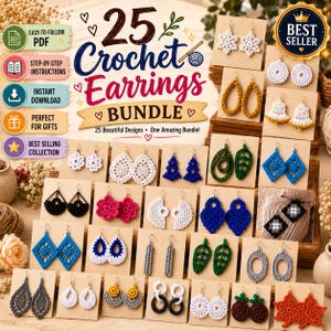 25+ Crochet Earring Pattern Bundle PDF Patterns, Digital Download Boho Earrings, Beginner Crochet Jewelry Tutorial, Instant Download Gift