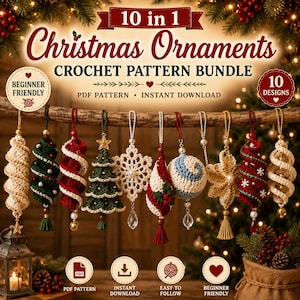 May include: A digital bundle of 10 crochet Christmas ornament patterns featuring various shapes like spirals, trees, snowflakes, and spheres in red, green, white, and gold. The text reads 10 in 1 Christmas Ornaments Crochet Pattern Bundle.