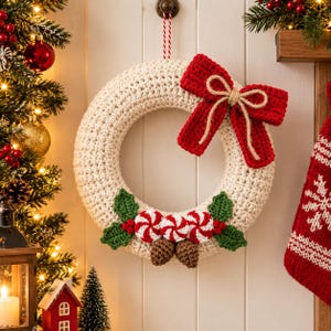 Peut inclure: Une couronne crochetée de couleur crème, ornée d'un grand nœud rouge au centre en ficelle de jute. Le bas est décoré de trois bonbons à la menthe rouges et blancs, de feuilles de houx crochetées vertes et de deux pommes de pin marron.