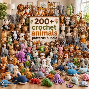 May include: A large collection of various crocheted stuffed animals arranged on wooden shelves, featuring a central sign that reads 200+ crochet animals patterns bundle. The display includes diverse creatures like lions, elephants, and whales.