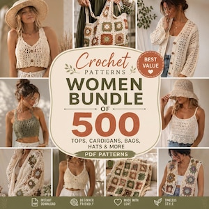 Peut inclure: Une collection numérique de 500 modèles de crochet comprenant des hauts, des gilets, des sacs et des chapeaux. L'image présente divers vêtements finis, notamment des débardeurs crème, un sac fourre-tout en carrés granny, un gilet beige et un bob.