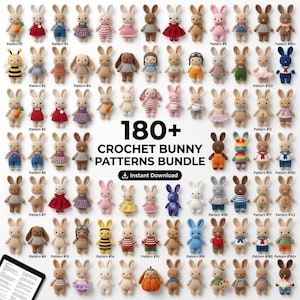 Pacote com mais de 180 padrões de crochê de coelho, incluindo amigurumi, coelhos e outros brinquedos de pelúcia. Inclui também padrões digitais para download.
