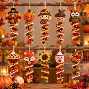 May include: Ten hanging crochet ornaments featuring autumn themes including a turkey, pumpkin, scarecrow, acorn, owl, pie, fox, sunflower, mug, and cornucopia. Each figure is attached to a spiralling, multi-coloured yarn tail with small bells.