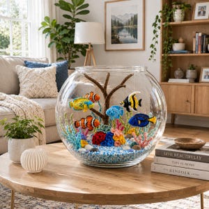 May include: A large clear glass fishbowl containing a brown crocheted tree branch and several colorful crocheted tropical fish, including clownfish and angelfish, surrounded by crocheted coral and blue and white pebbles at the base.