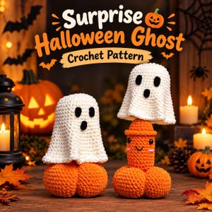 Puede incluir: Dos figuras de ganchillo con fundas de fantasma blancas sobre bases naranjas. El texto dice Surprise Halloween Ghost Crochet Pattern. Un fantasma se asienta sobre una base redonda, mientras el otro sobre una base naranja alta con cara.