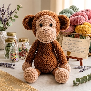 May include: A brown and beige crocheted monkey plush toy with a soft, textured yarn finish. Beside it sits a small wooden easel displaying a card titled Chunky Monkey Pattern, along with glass jars containing colorful craft supplies and yarn balls.