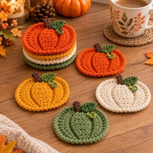 May include: A set of round, crocheted pumpkin coasters in orange, yellow, cream, and green. Each coaster features a textured pumpkin shape with a brown stem and a small green leaf. The set includes a stack of four coasters and three individual pieces.