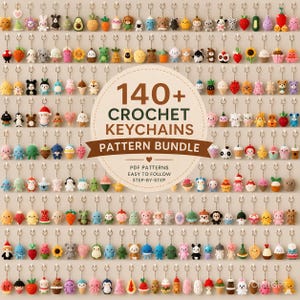 May include: A collection of over 140 small, colorful crocheted keychains featuring various animals, foods, and plants, arranged in a grid. A central circular label displays the text 140+ CROCHET KEYCHAINS PATTERN BUNDLE PDF PATTERNS EASY TO FOLLOW STEP-BY-STEP.