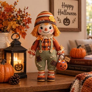 May include: A crocheted scarecrow doll wearing a striped hat with the word stitch, a plaid shirt, and green overalls with patches. The doll has yellow yarn hair, a small orange pumpkin basket labeled BOO, and is holding a small autumn leaf.