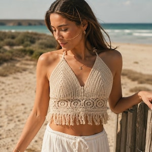 Crochet Halter Top Pattern PDF, Boho Fringe Crop Top Tutorial, Festival Crochet Top Pattern, Summer Beach Cover Up DIY