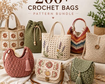 200+  Crochet Bag Pattern Bundle Amigurumi Purse PDF Patterns Crochet Tote Handbag Pattern Digital Download Boho Bag Bundle