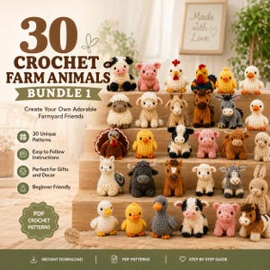 Pode incluir: Uma coleção de 30 pequenos animais de quinta feitos à mão em croché, incluindo uma vaca, porco, galinha, ovelha, peru e burro. O texto diz 30 CROCHET FARM ANIMALS BUNDLE 1, Create Your Own Adorable Farmyard Friends e PDF CROCHET PATTERNS.