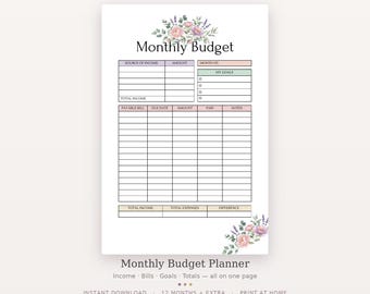 Monthly Budget Planner Printable | Floral Bill Tracker | Income & Expense | Finance Planner | Instant Download PDF