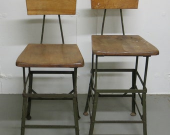 Pair of Matching Vintage Industrial Factory Stools Angle Steel