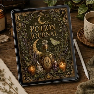 Puede incluir: Una tableta digital que muestra la portada de un Potion Journal con ilustraciones botánicas en verde oscuro, una botella de vidrio central, lunas crecientes doradas y una polilla, con bordes dorados y velas encendidas.