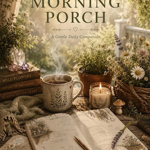 May include: An open journal titled The Morning Porch with a gold pen, a steaming ceramic mug with a fern print, a lit candle, a potted plant, a basket of wildflowers, and stacked books on a wooden surface with text reading The Morning Porch.