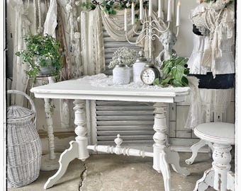 Mesa de pedestal estilo shabby chic de ensueño, blanca antigua, estilo Gründerzeit | Mesa de madera restaurada, mesa consola, escritorio, estilo rústico, brocante H76 W107 D69