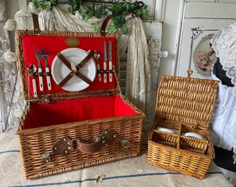 Antique Wicker Basket With Enamel Insert and 2 Lids | Very Rare