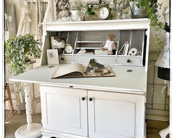 Escritorio secretario vintage shabby chic en color blanco crema, madera restaurada | Escritorio reciclado de estilo rústico, pieza única | Casa sueca