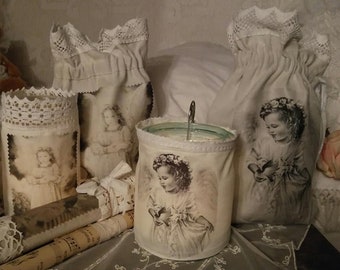 Windlicht, Shabby Look,Shabby Style, Windlichtglas, Engel,Weihnachten, Leinen, druck,licht